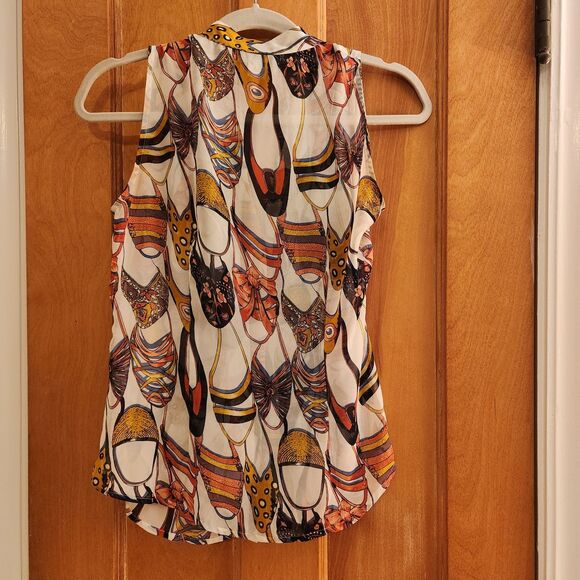 Y2K Cache Vibrant Elegant Shoe-Print Sleeveless Ruffled Button Up Blouse, Sz S - Picture 5 of 8